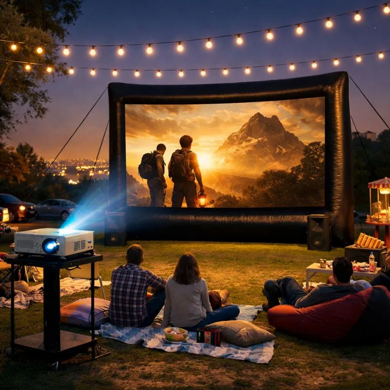 Backyard inflatable projector screen movie night